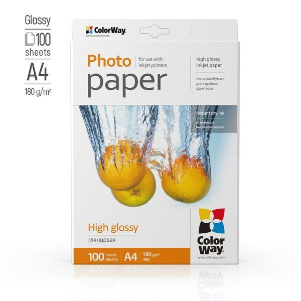 Фотобумага глянец 180г/м, A4 (100 лист) PG180100A4 ColorWay PG180100A4 фото